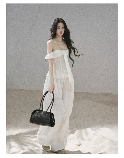 "Lazy Soliloquy" White Peplum Top & Wide-Leg Pants Set