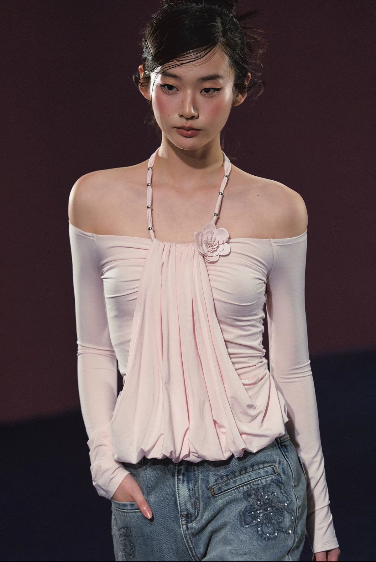 Lyocell Layered Halter Off-Shoulder Ruched Floral Top (White/ Pink)