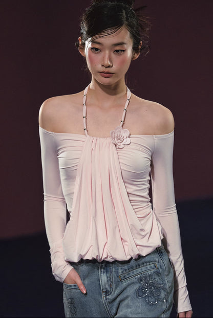 Lyocell Layered Halter Off-Shoulder Ruched Floral Top (White/ Pink)