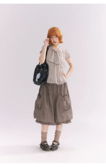 “Sweet & Cool Girl” Taupe Bow Drawstring High-Waist A-Line Cargo Skirt