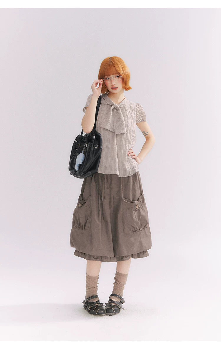 “Formatted Memories” Gray Plaid Textured Bow Tie Puff Sleeve Blouse