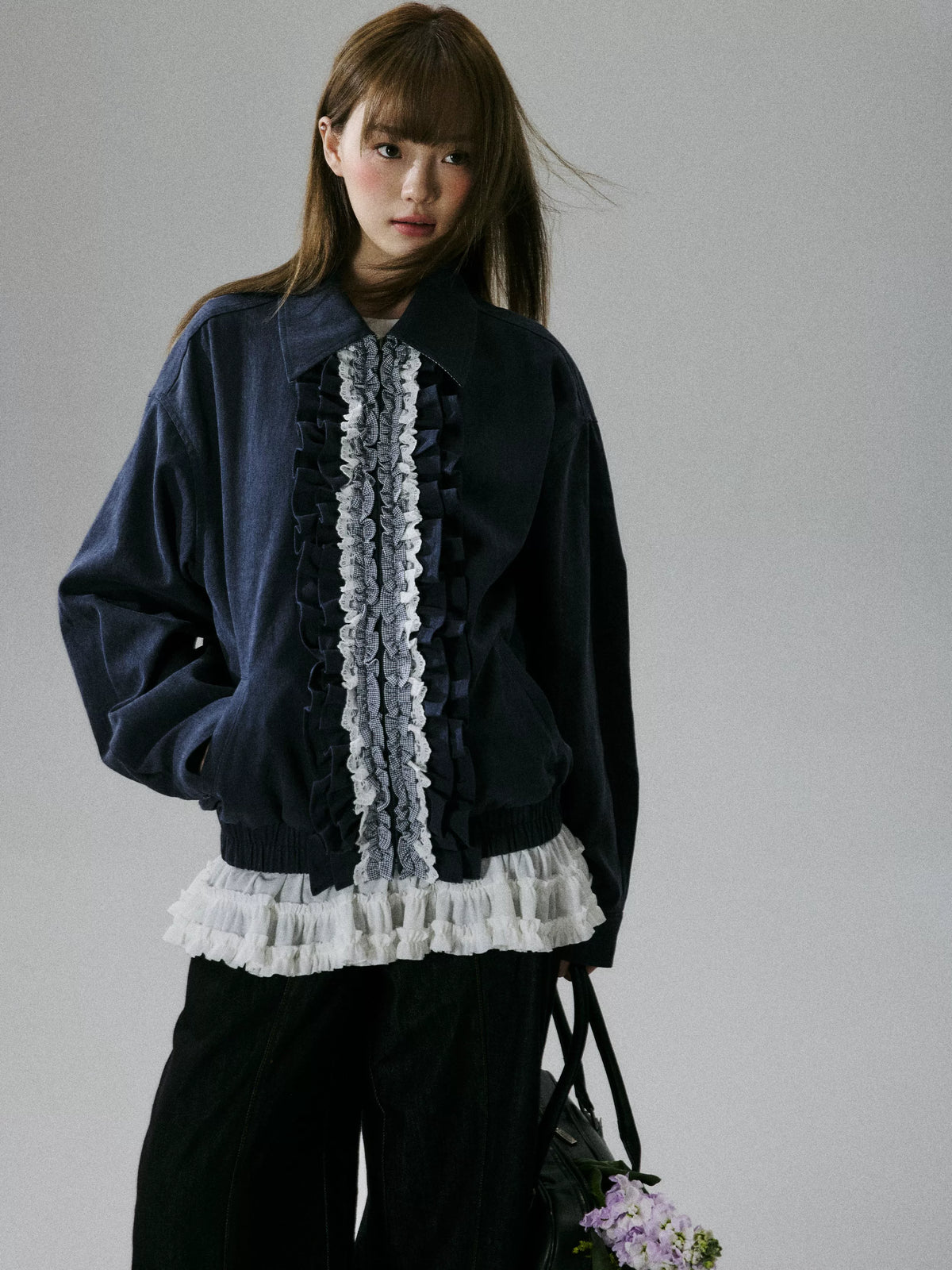 LOST FOREST - Navy Ruffle-Trim Cotton Jacket