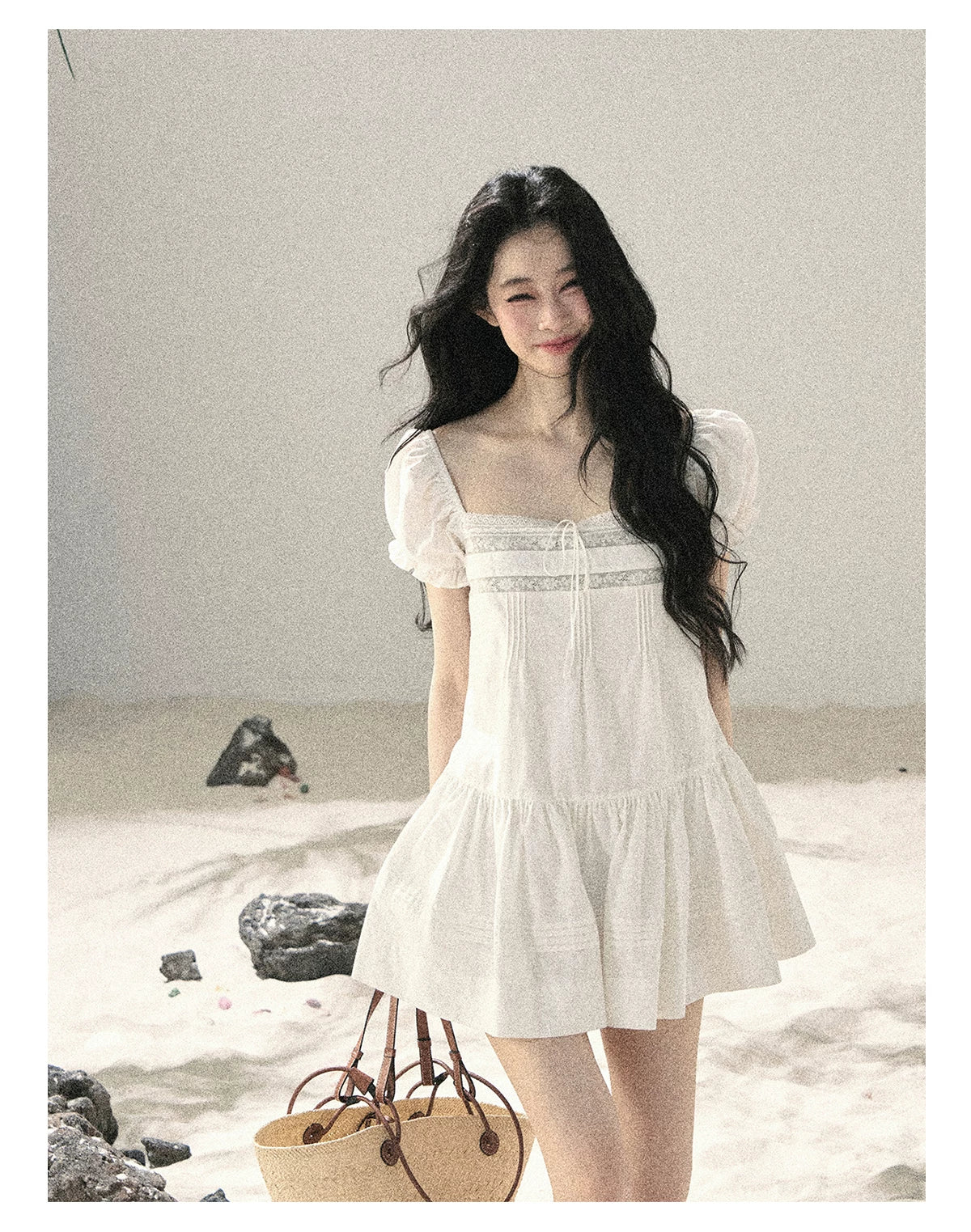 "Light as a Cloud" Frost White Puff Sleeve Lace Babydoll Mini Dress