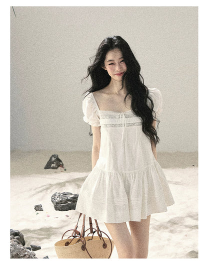 "Light as a Cloud" Frost White Puff Sleeve Lace Babydoll Mini Dress