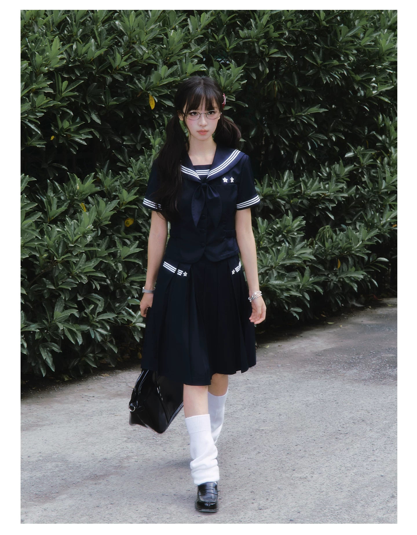 "Evening Star" Navy Sailor Uniform Collection (Sailor Blouse with Scarf / Pleated Midi Skirt)