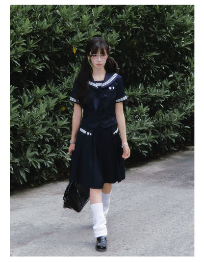"Evening Star" Navy Sailor Uniform Collection (Sailor Blouse with Scarf / Pleated Midi Skirt)