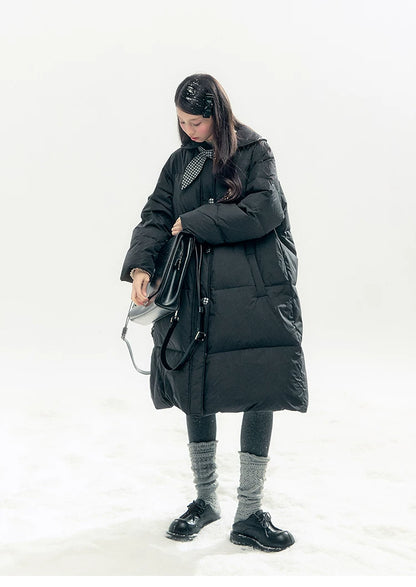 "Starry Night Little Witch" Black Long Down Coat with Detachable Bunny Bow Collar