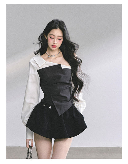 少也眼 "Gossip Senior Muse" Faux-Layered French Asymmetric Shoulder Blouse 56485652