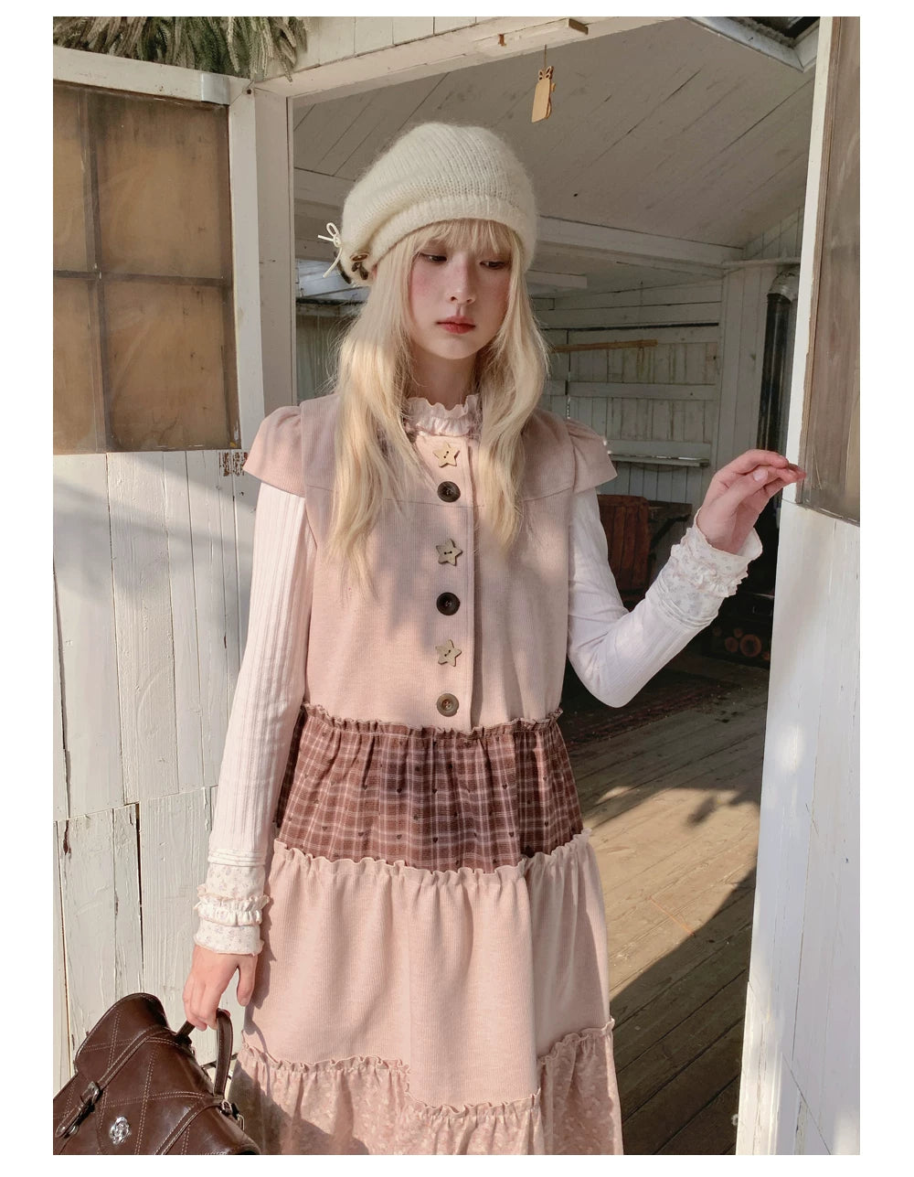 RF - Dusty Pink Patchwork Sleeveless A-Line Dress with Star Buttons
