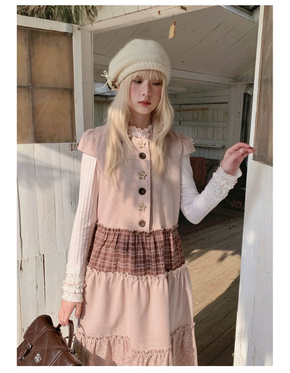 RF - Dusty Pink Patchwork Sleeveless A-Line Dress with Star Buttons