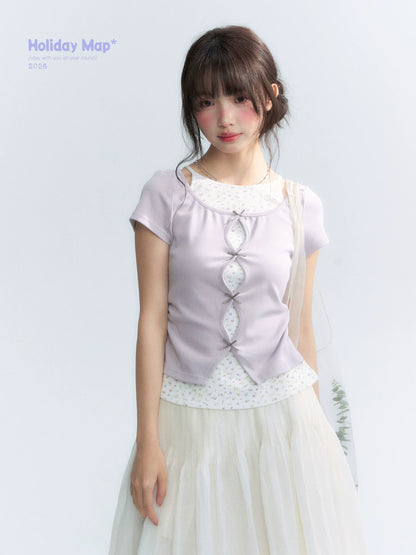 Korean Layered Bow Knit Short Sleeve T-Shirt in Violet