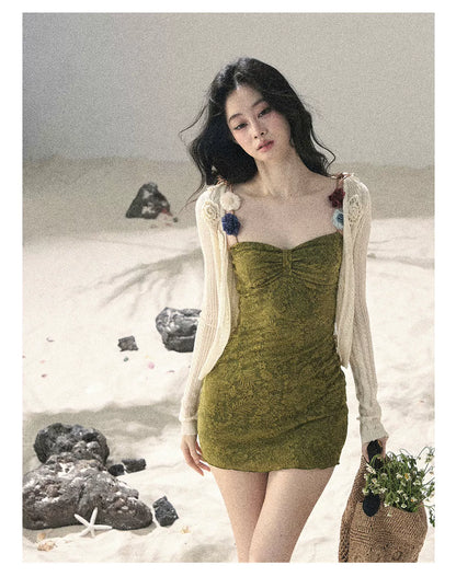 "Entwined Vines" Olive Mist Bodycon Dress & Cardigan Set 543648532