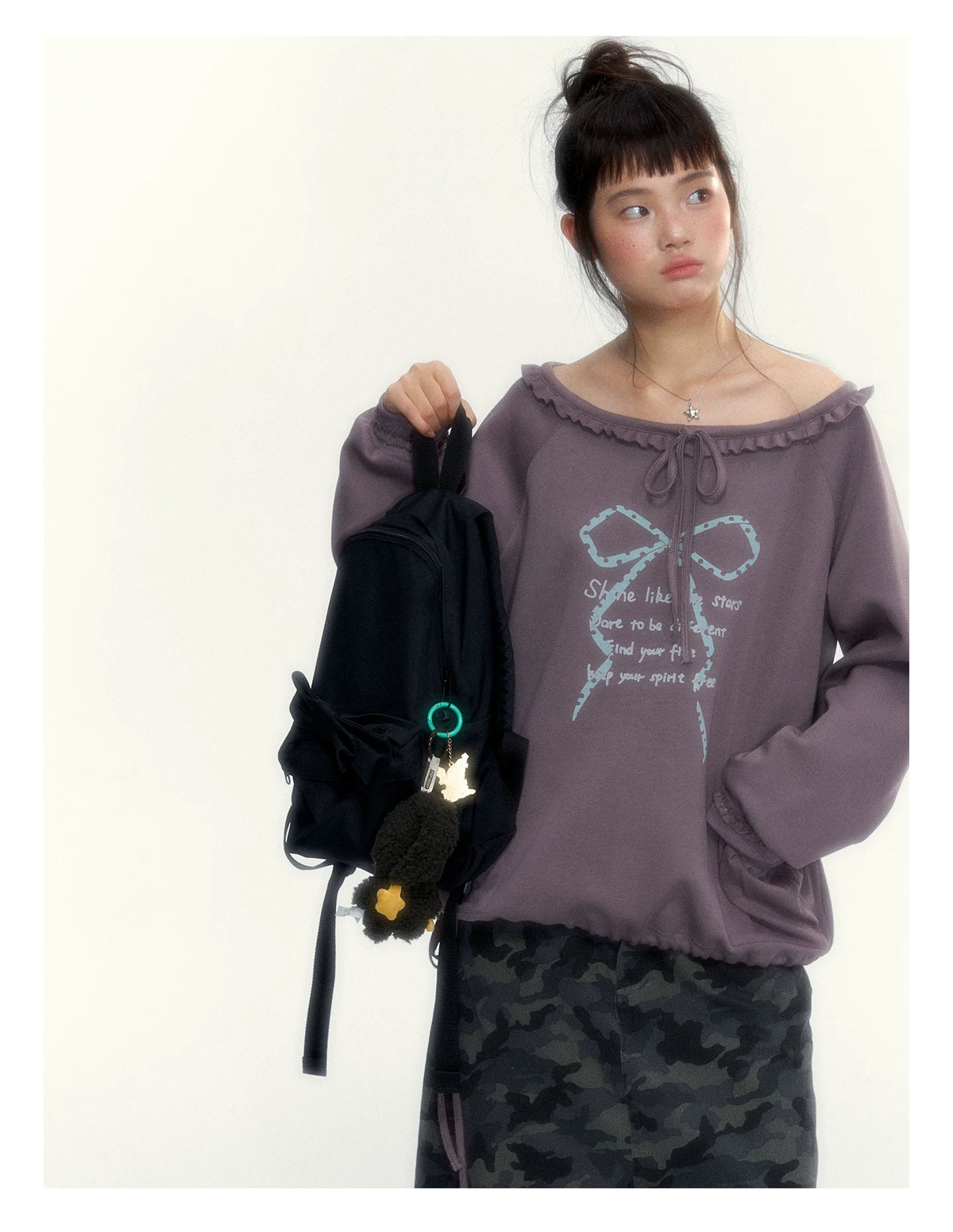 Deep Purple Bow-Tie Lettuce-Trim Off-Shoulder Sweatshirt
