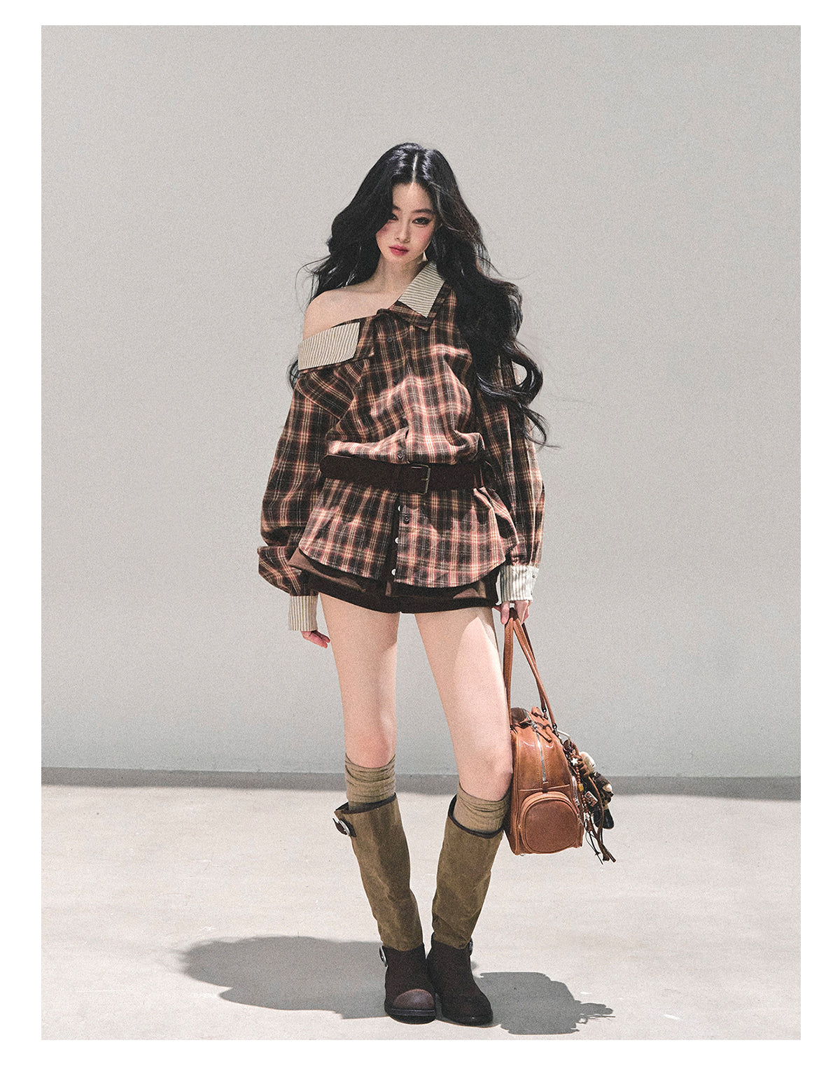 少也眼 “The Street She Passed” Off-Shoulder Plaid Shirt with Belt - Mocha Brown 45368364