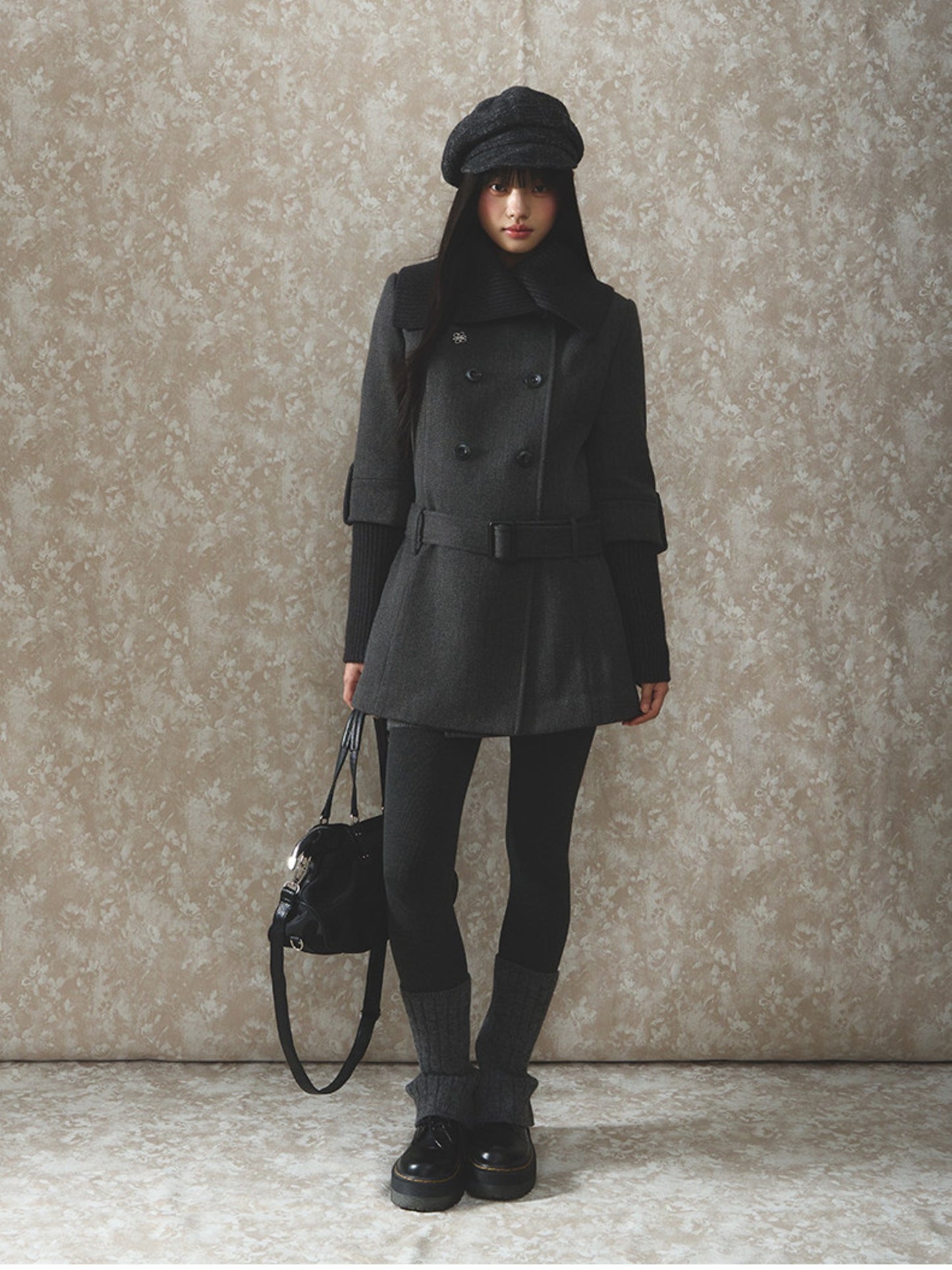 Soote Season - British Deep Gray Knit-Collar Wool-Blend Long Dress