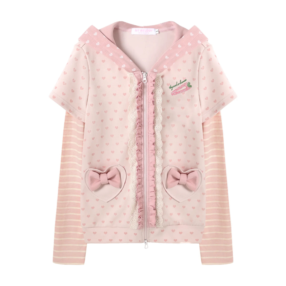 KYOUKO - Pink Hooded Zip-Up Jacket & Gray Ruffle Pants Set