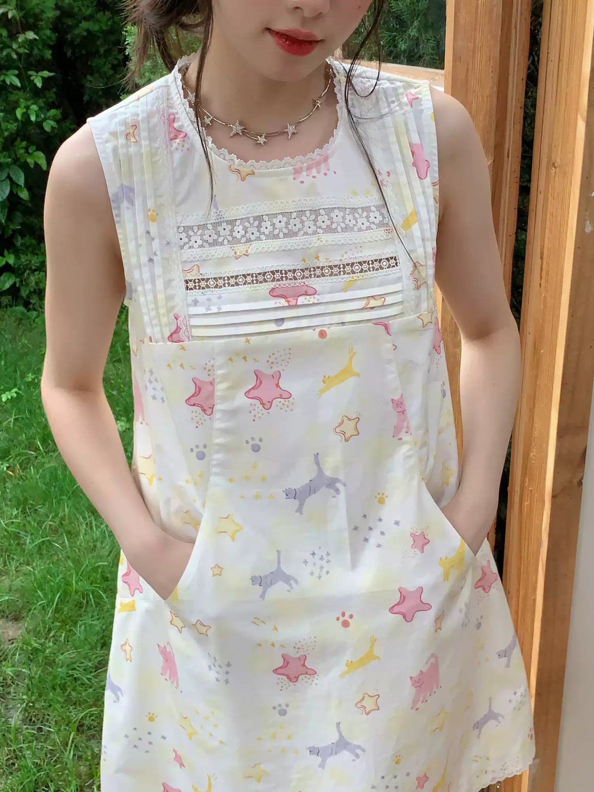 [RF] “Starry Pals” Ivory Animal Print Lace-Trim Sleeveless Mini Dress