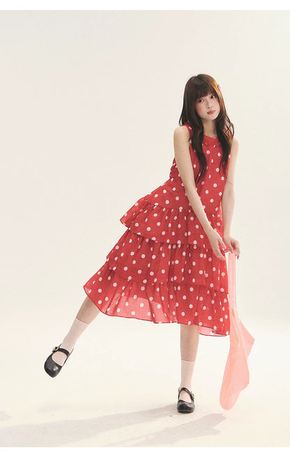 "Polka Dot Layers" Red Polka Dot Tiered A-Line Maxi Cami Dress