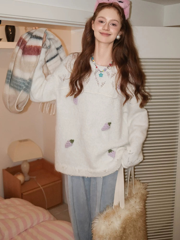 White Hand-Crocheted Grape Knit Sweater