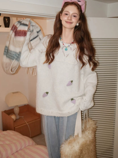 White Hand-Crocheted Grape Knit Sweater