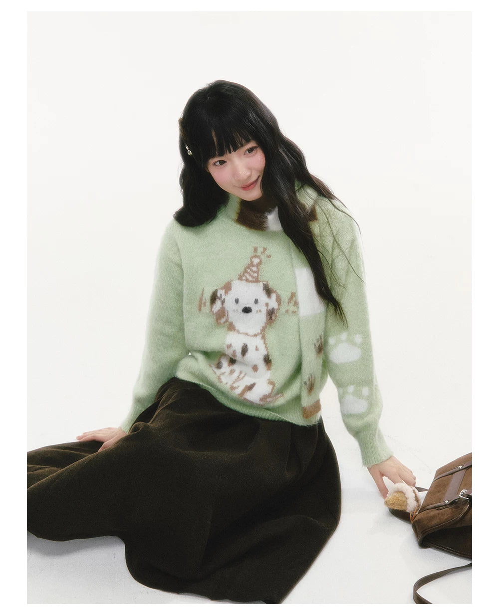 CREAMO2 - Spotted Dog Jacquard Crewneck Sweater (With Scarf)