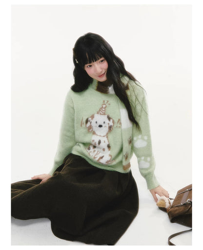CREAMO2 - Spotted Dog Jacquard Crewneck Sweater (With Scarf)