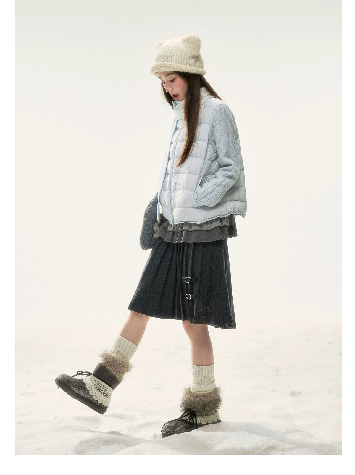 BIBIBENCY - Pale Blue Knit-Panel 90% White Duck Down Puffer Jacket (With Scarf)