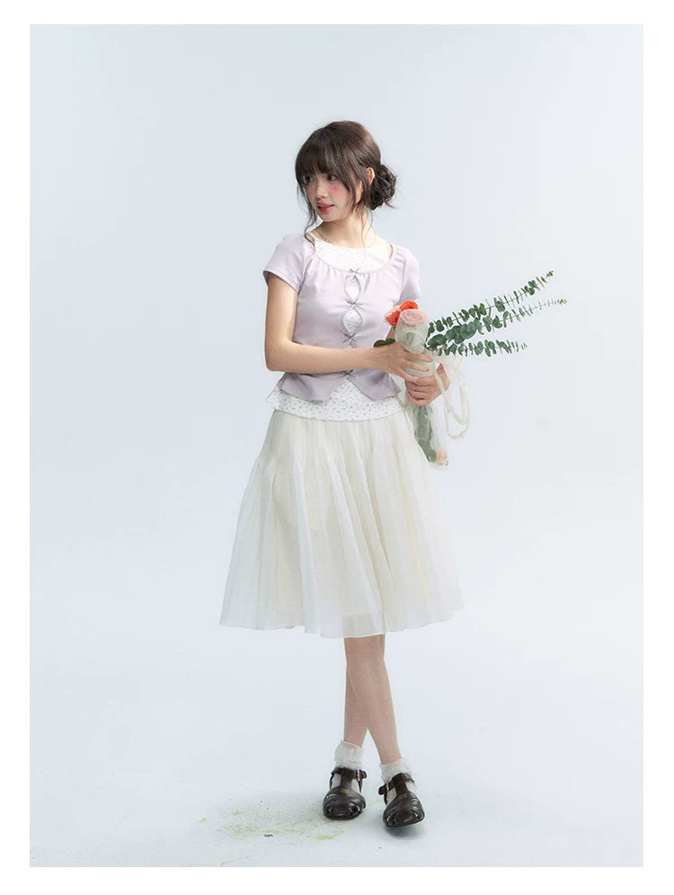 Korean Layered Bow Knit Short Sleeve T-Shirt in Violet