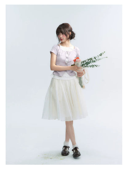 Korean Layered Bow Knit Short Sleeve T-Shirt in Violet