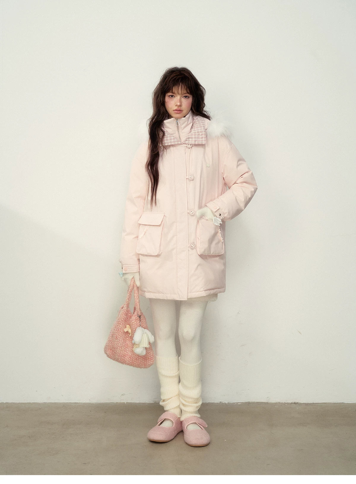 SunsetPark - Blush Pink & Plaid 90% White Duck Down Puffer Jacket (Short / Long / Navy / Glacier Blue)