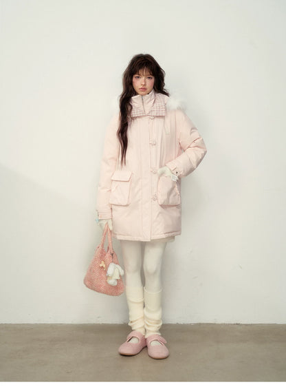 SunsetPark - Blush Pink & Plaid 90% White Duck Down Puffer Jacket (Short / Long / Navy / Glacier Blue)