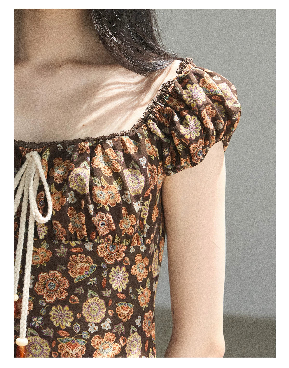 "Wildflowers & Freedom" Mocha Mousse Floral Puff Sleeve Mini Dress