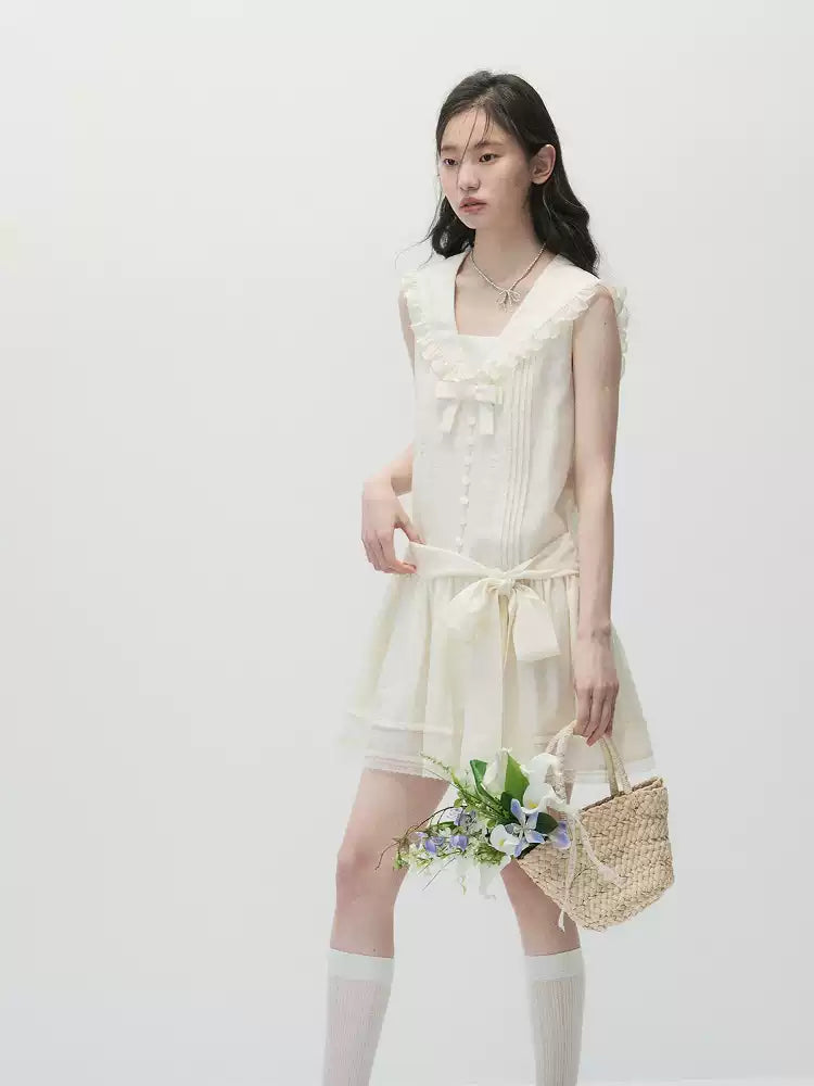 Ivory Beige Low-Rise Sailor Collar Dress with Adjustable Bow Ties