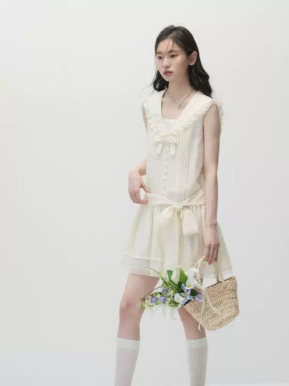 Ivory Beige Low-Rise Sailor Collar Dress with Adjustable Bow Ties