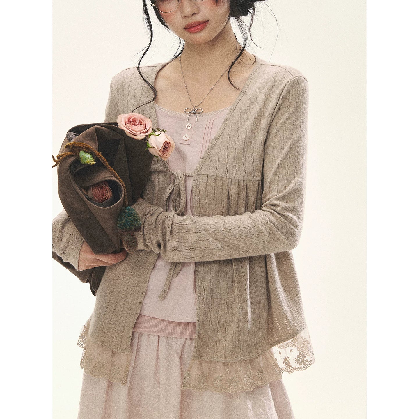 "Roasted Tea Heart" Milk Tea Faux-Layer Lace Cardigan & Skirt Set