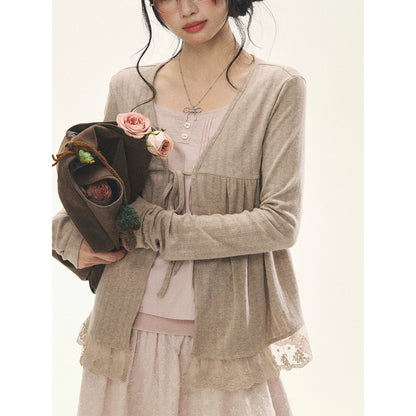 "Roasted Tea Heart" Milk Tea Faux-Layer Lace Cardigan & Skirt Set