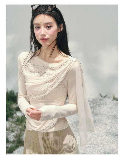 “Frosted Kiss” Milk Apricot Mesh Waist-Cinched Top