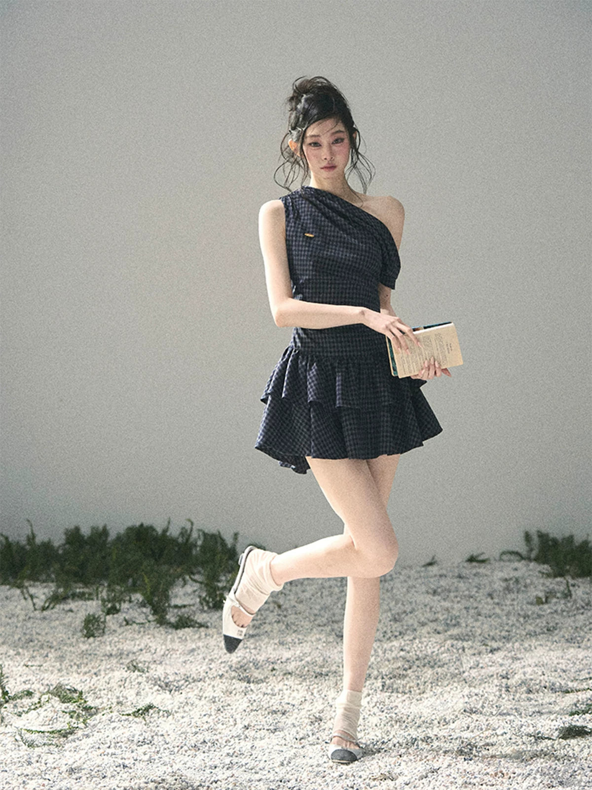 "Moonlit Bellflower Reverie" Navy Plaid One-Shoulder Mini Dress 567474