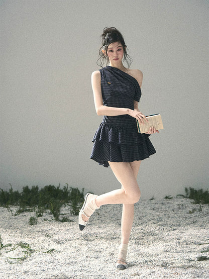 "Moonlit Bellflower Reverie" Navy Plaid One-Shoulder Mini Dress 567474