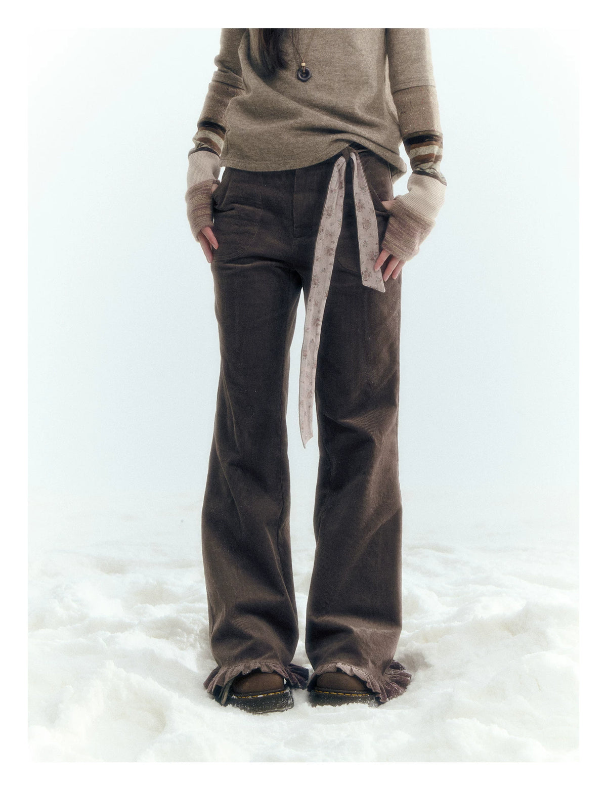 Horridale - Milk Tea Brown Floral Belt Corduroy Flare Pants