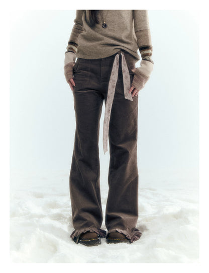 Horridale - Milk Tea Brown Floral Belt Corduroy Flare Pants