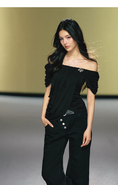 "Midnight Bloom" Black Lyocell Off-Shoulder Ruched Top