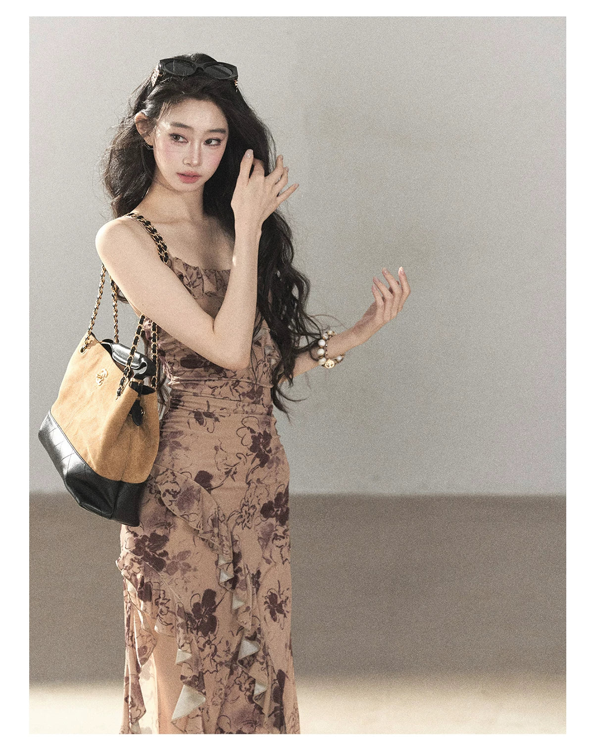 AOMALM - "Wildflower Date" Milk Tea Brown Ruffle Floral Maxi Dress (With Matching Hair Tie)