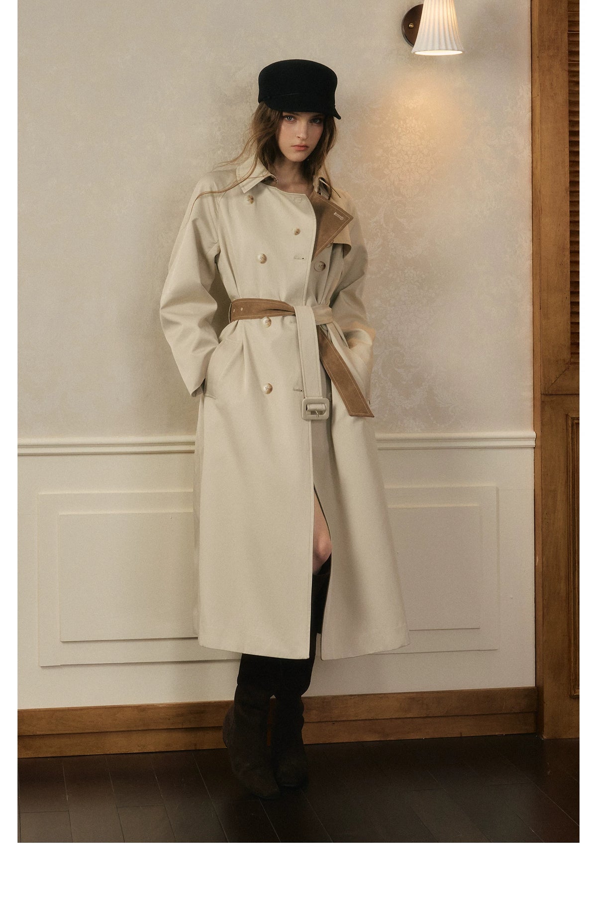 oshea - Moonlight Gray Double-Breasted Belted Long Trench Coat