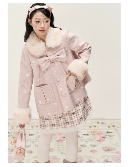 RF - Peach Pink Ombre Faux Fur Collar Wool-Look Jacket with Star Embroidery