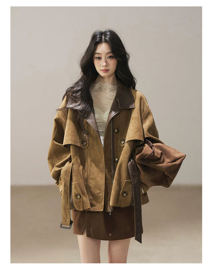 AOMALM - Chestnut Brown Faux-Suede Cropped Utility Coat with Belt