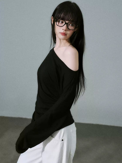 LOST FOREST - Black Lyocell-Wool One-Shoulder Long Sleeve Top
