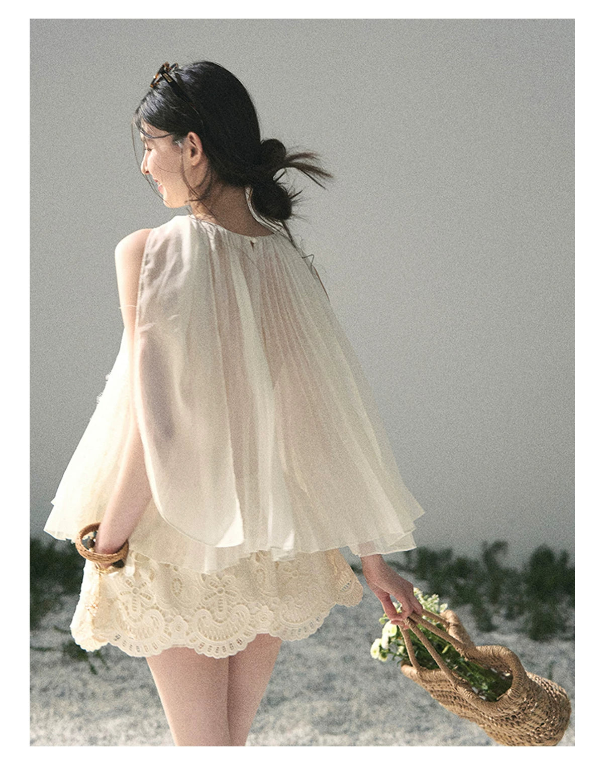 “Summer Light Through Pleats” Ivory Lace Pleated Halter Blouse