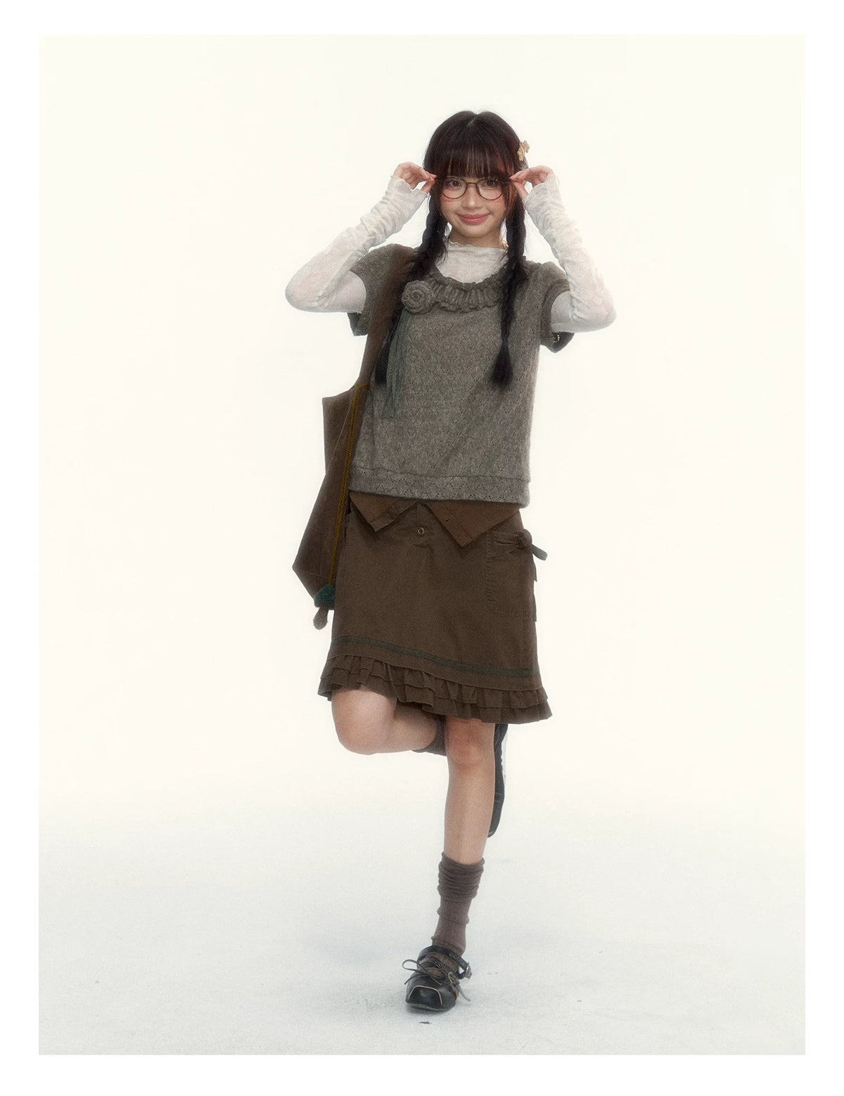 “Wild Caramel” Brown Washed Layered Ruffle Bow Pocket A-Line Skirt