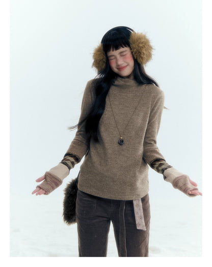 Horridale - Light Brown Colorblock High Cowl Neck Long Sleeve Top